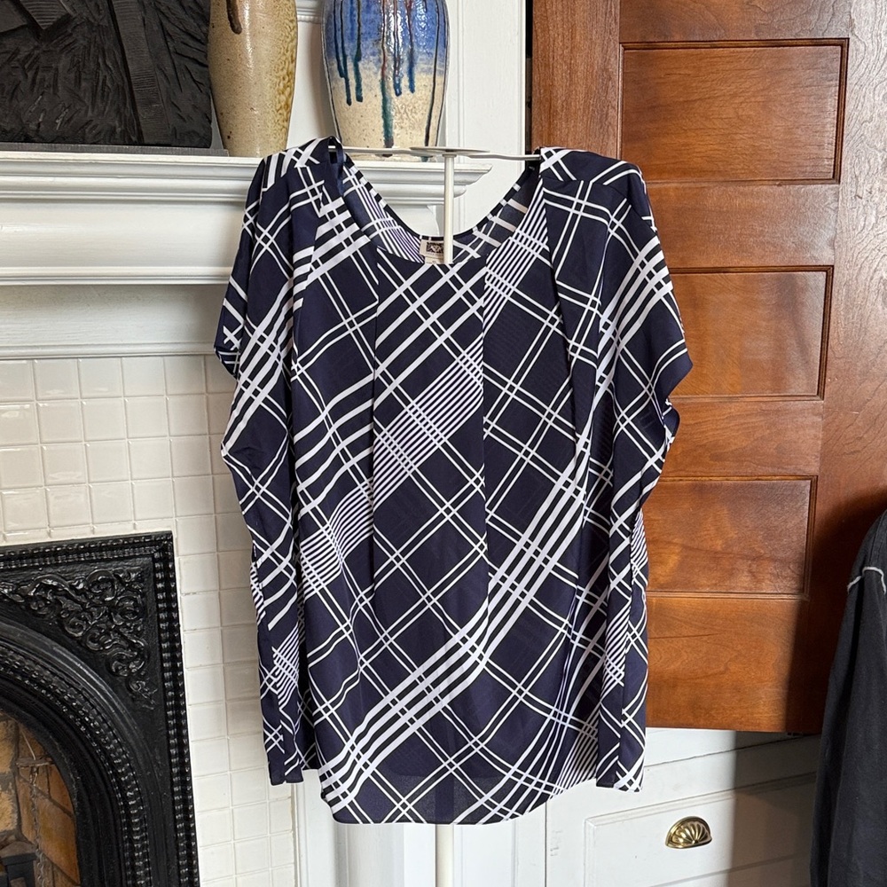 Anne Klein Navy and White Plaid Blouse- maybe‎ worn once